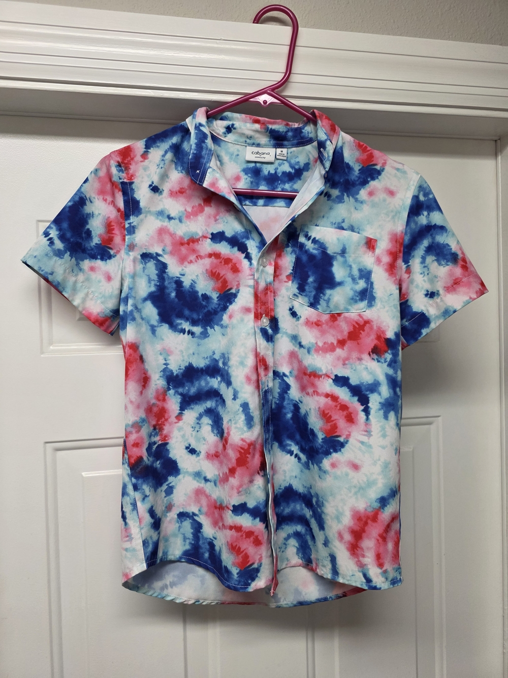 Short-Sleeve Tie-Dye Print Button Shirt - Blue & Red